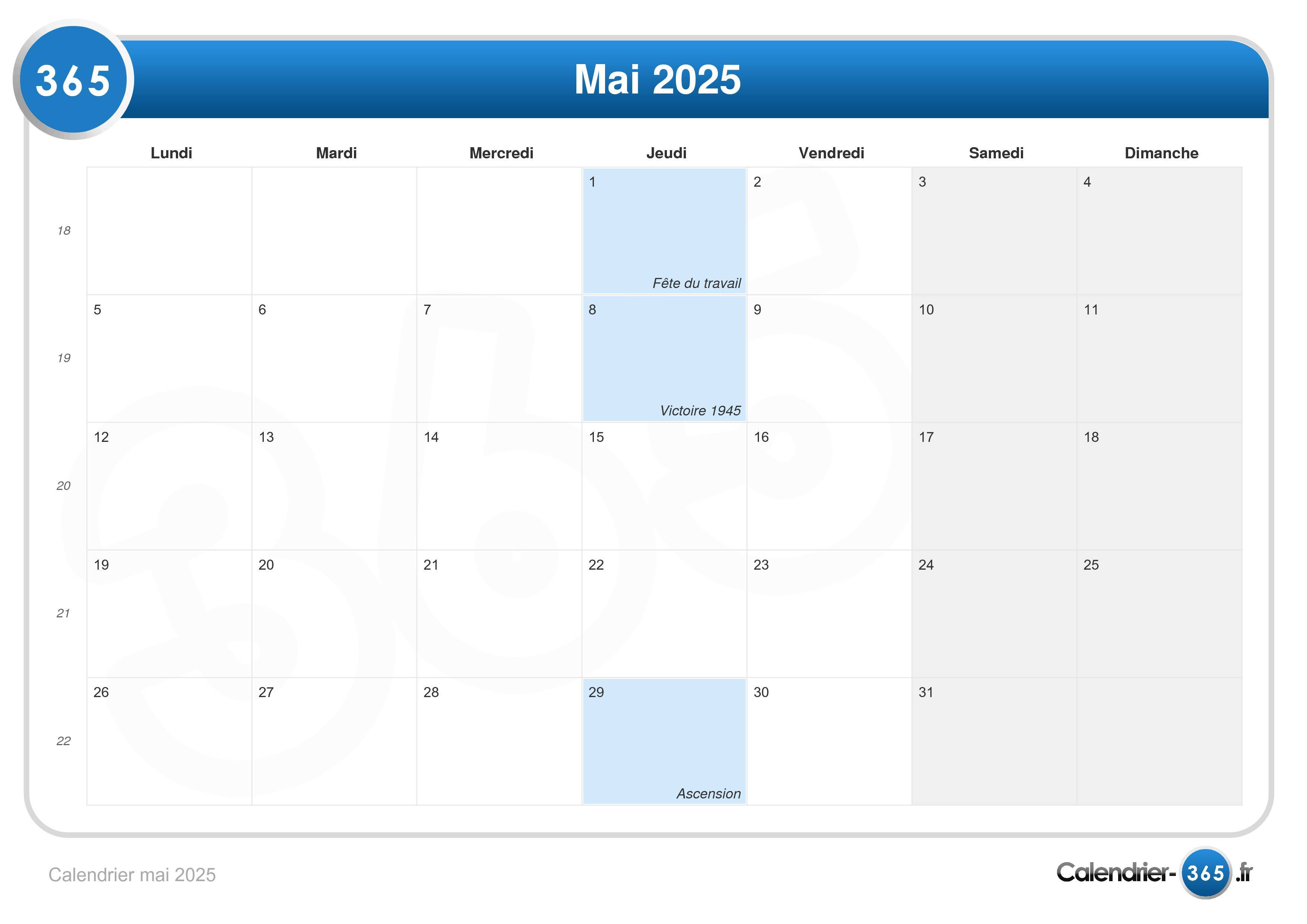 Calendrier mai 2025